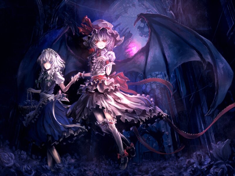 Two Girls with Wings — Purple, Dramatic, Night, Digital Art, Tail