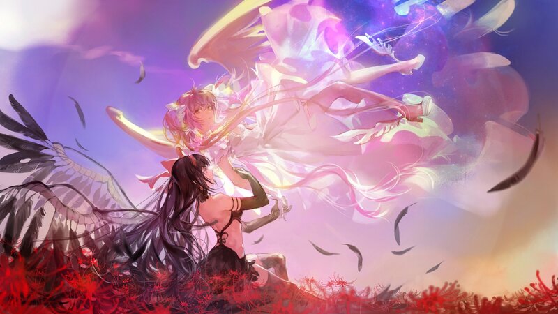 Two Girls with Wings — Purple, Dramatic, Sunset