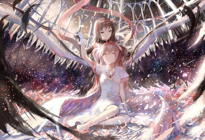 Two Girls with Wings — White, Dramatic, Digital Art, Ribbons