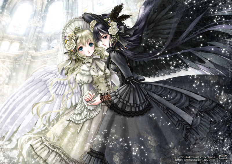 Two Girls with Wings — White, Dramatic, Digital Art