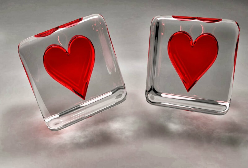 Two Glass Cubes with Hearts