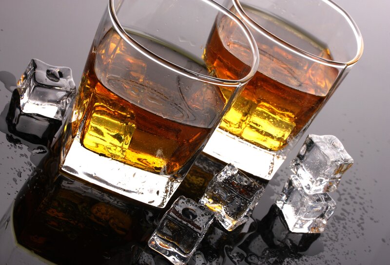 Two Glasses of Whiskey — Brown, Dark, Photograph, Ice Cubes