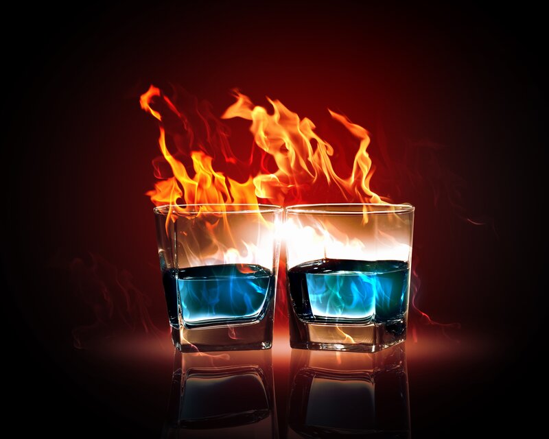 Two Glasses with Flames — Red