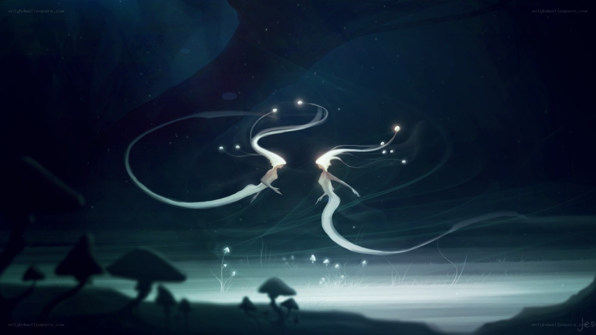 Two glowing figures in a dark forest