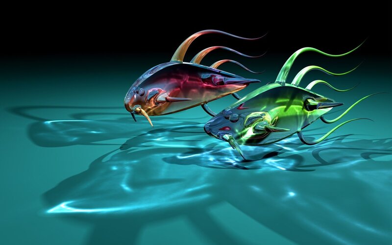 Two Glowing Fish — Teal, Dramatic, 3d Render