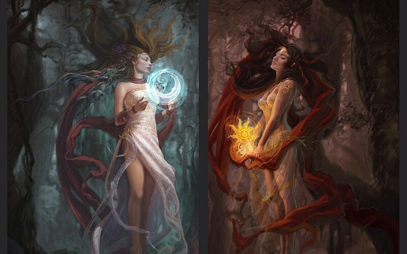 Two goddesses in a mystical forest