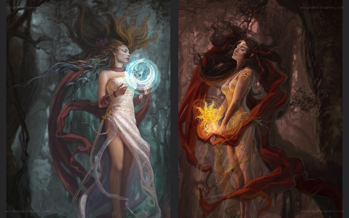 Two goddesses in a mystical forest