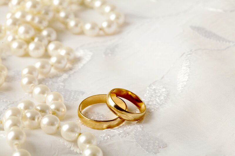 Two Gold Wedding Rings — Serene, Photograph, Pearl Necklace