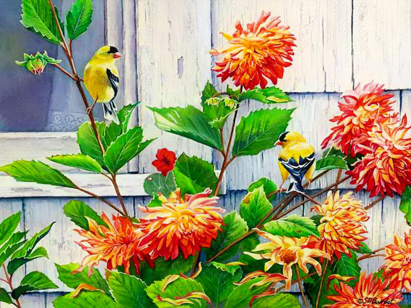 Two Goldfinches on Flowers — Yellow, Serene, Summer