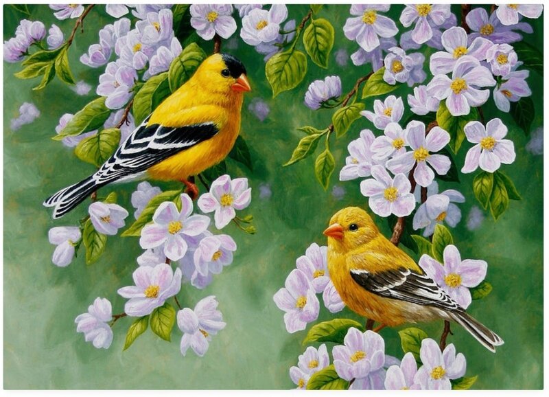 Two Goldfinches on Flowers — Yellow