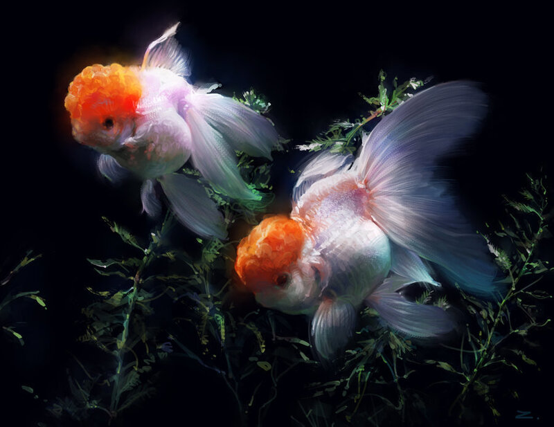 Two goldfish in dark water
