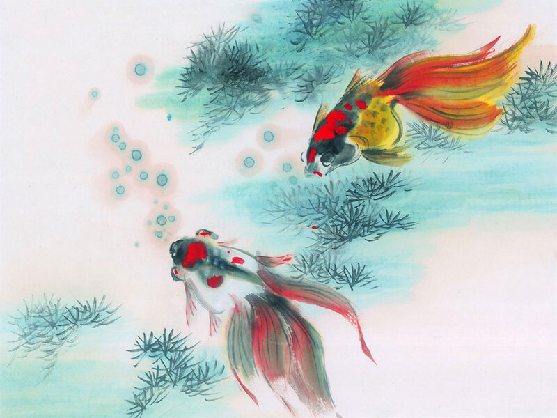 Two Goldfish Swimming — Blue