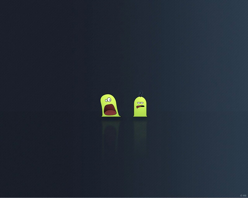 Two green creatures on dark background