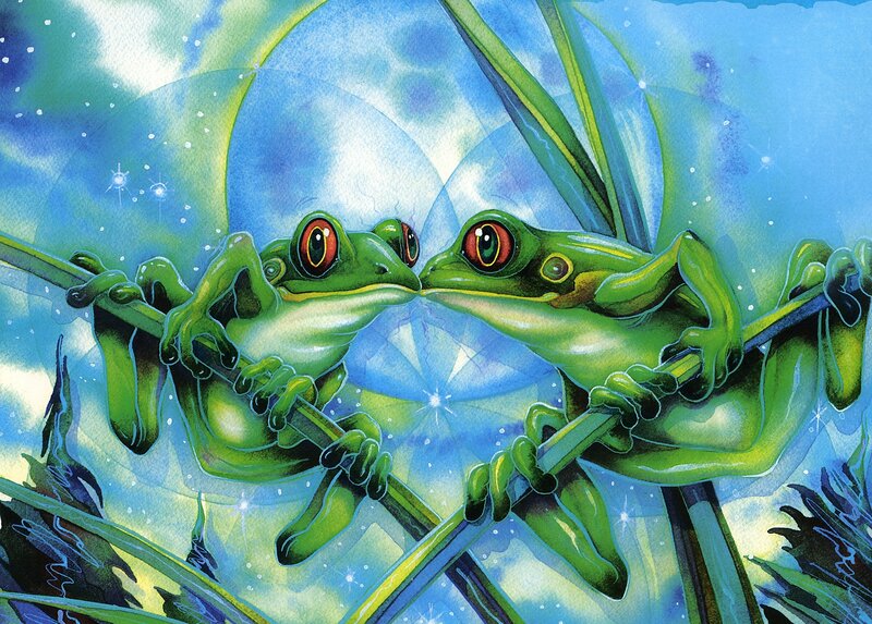 Two Green Frogs Kissing — Dreamy, Night