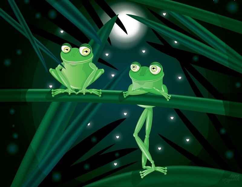 Two Green Frogs on Branch