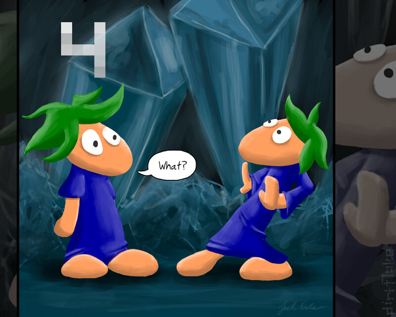 Two Green-haired Characters — Blue, Curious