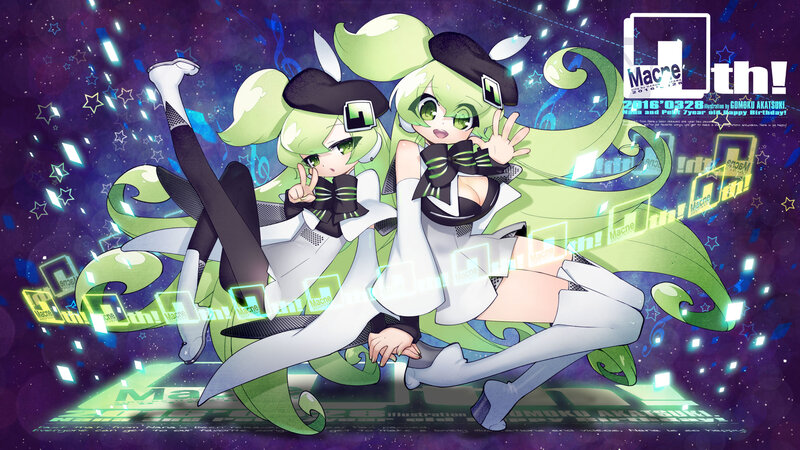 Two Green-haired Characters — Green, Celebratory