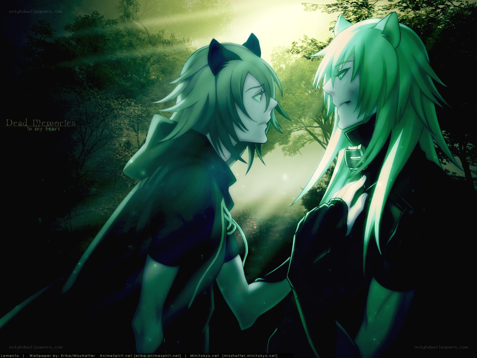 Two green-haired figures in a forest
