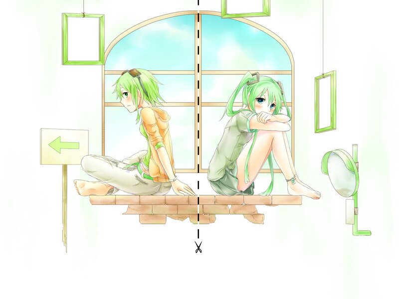 Two green-haired girls by a window