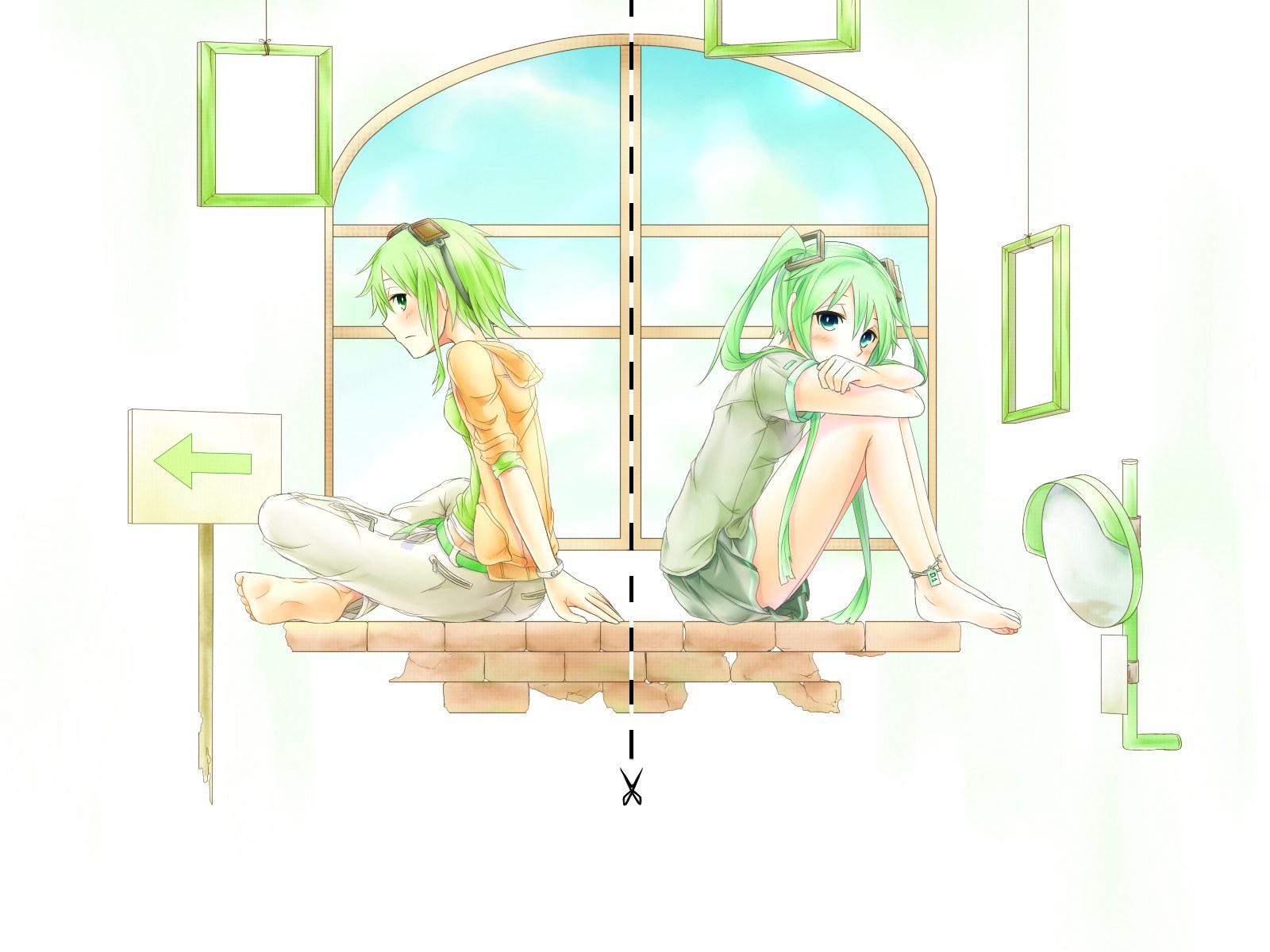 Two green-haired girls by a window