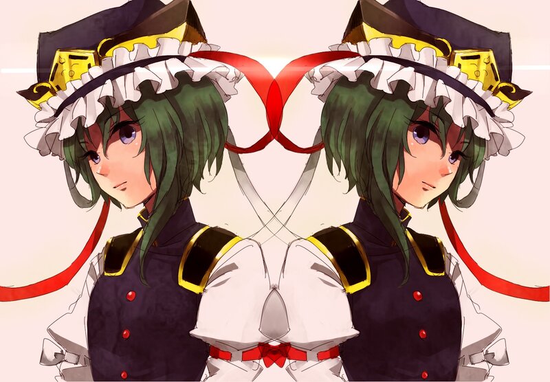 Two green-haired girls in mirrored uniforms