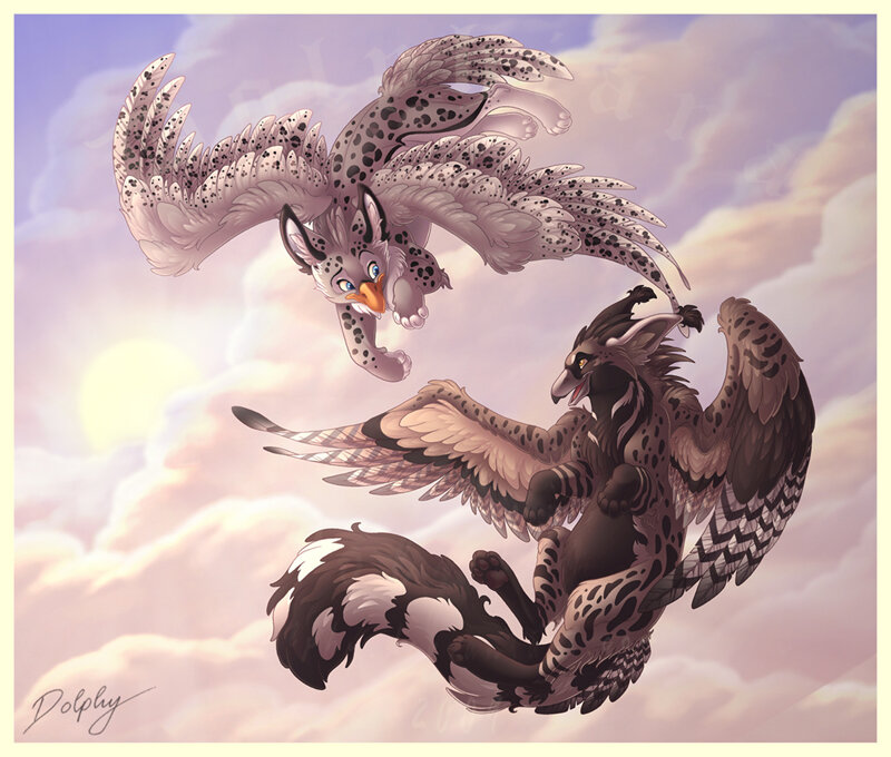 two griffins flying in sky