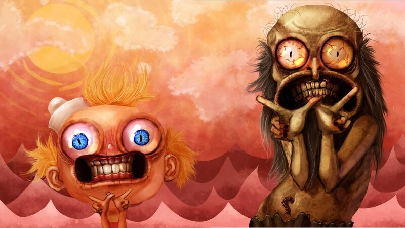 Two grotesque characters in a surreal scene