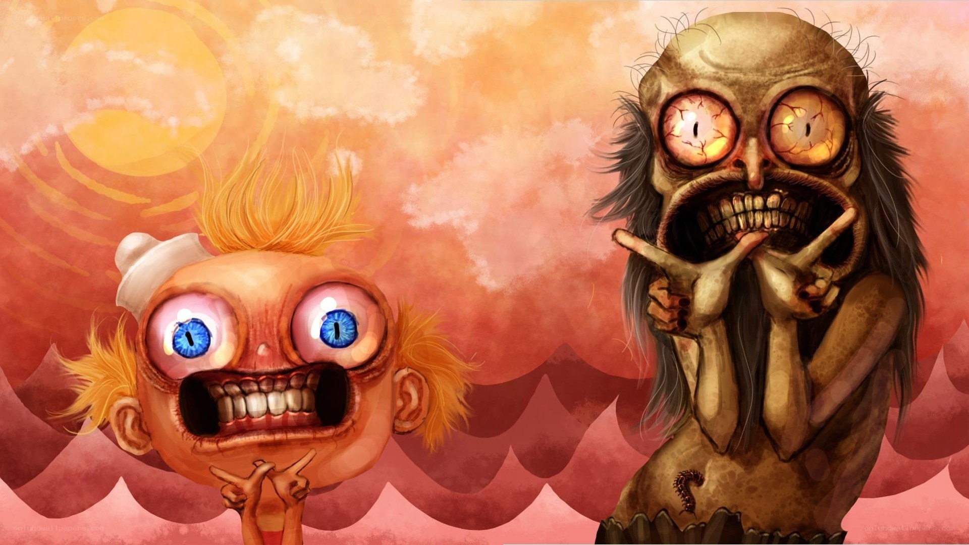 Two grotesque characters in a surreal scene