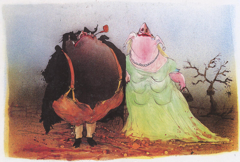 Two grotesque figures walking