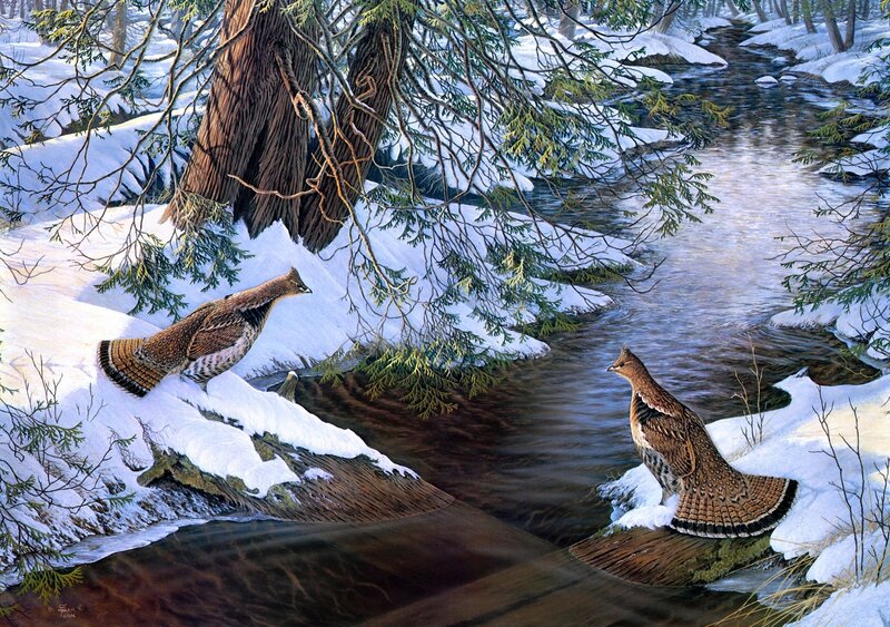 Two Grouse by Stream — White, Serene