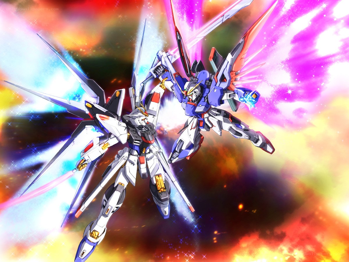 Two Gundam mechs in battle