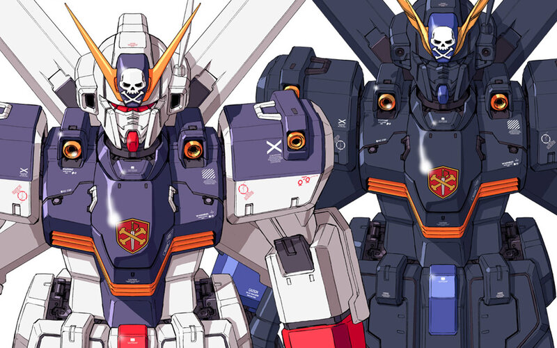 Two Gundam mechs with skull insignia