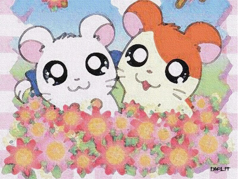Two hamsters in flowers