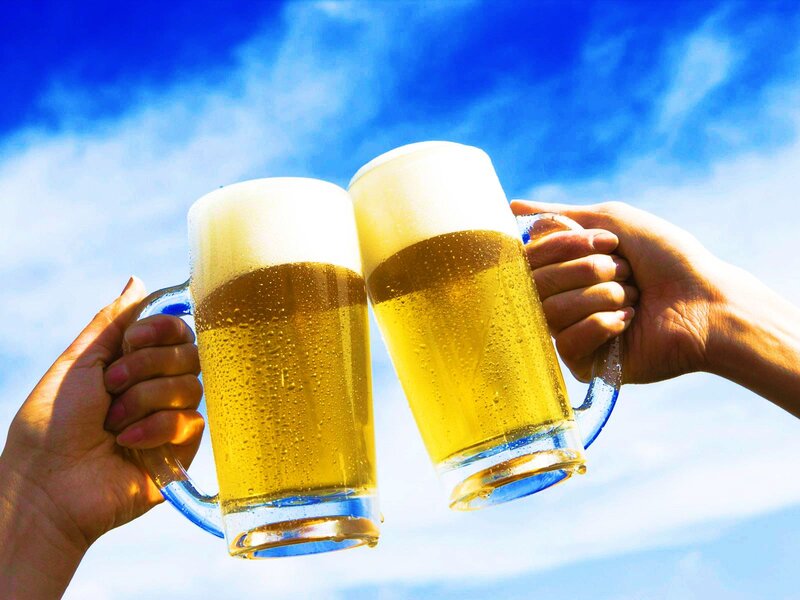 Two Hands Clinking Beer Mugs — Blue, Celebratory