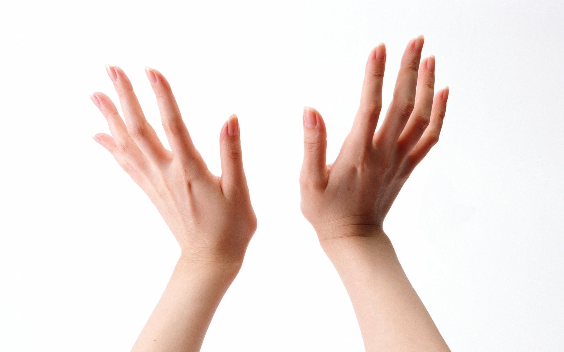 two hands raised against white