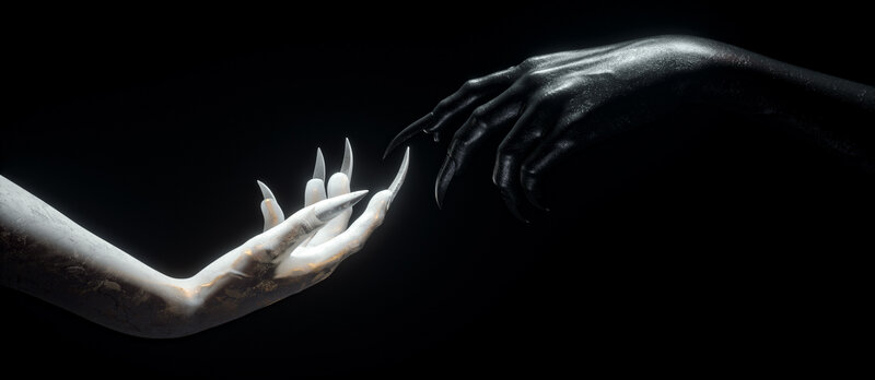 Two Hands Reaching — Black, Dramatic, 3d Render