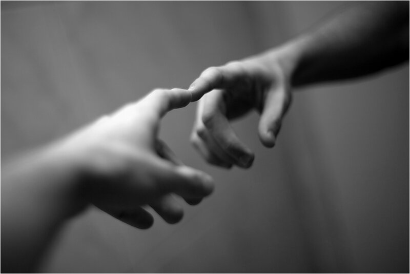 Two Hands Reaching — Black, Intimate, Photograph