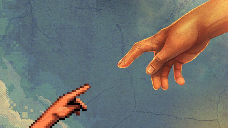 Two Hands Reaching — Blue, Dramatic, Painting
