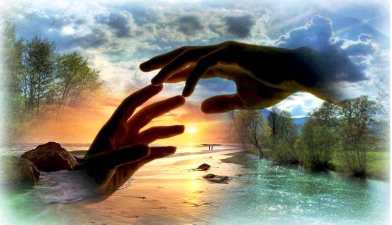 Two Hands Reaching — Blue, Dramatic, Sunset