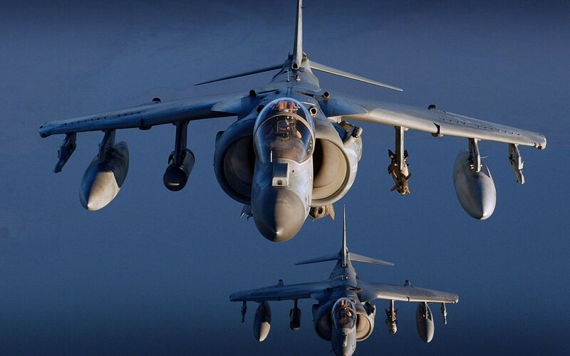 Two Harrier Jets in Flight — Blue