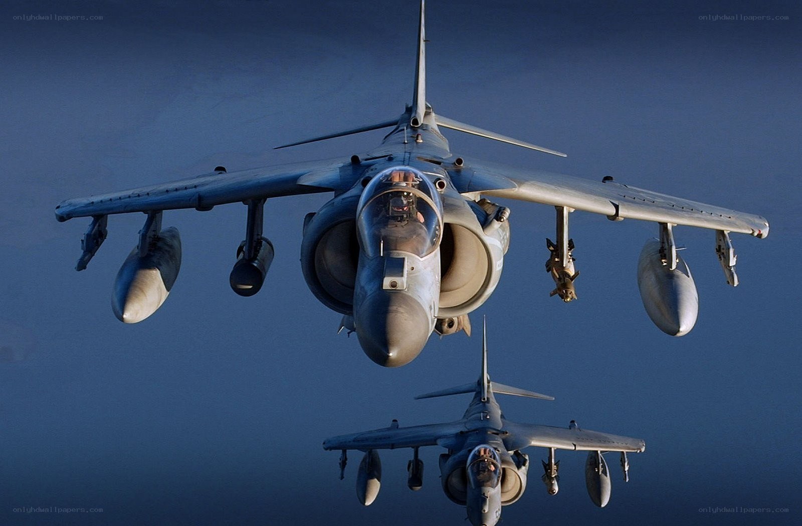 Two Harrier jets in flight