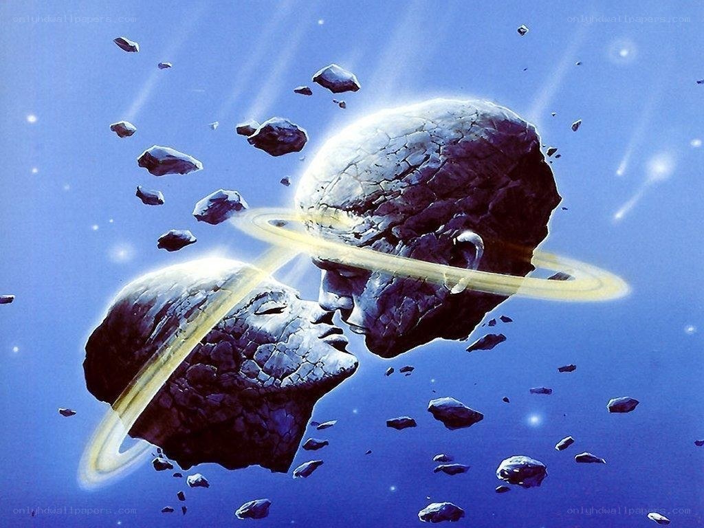 two heads kissing in space