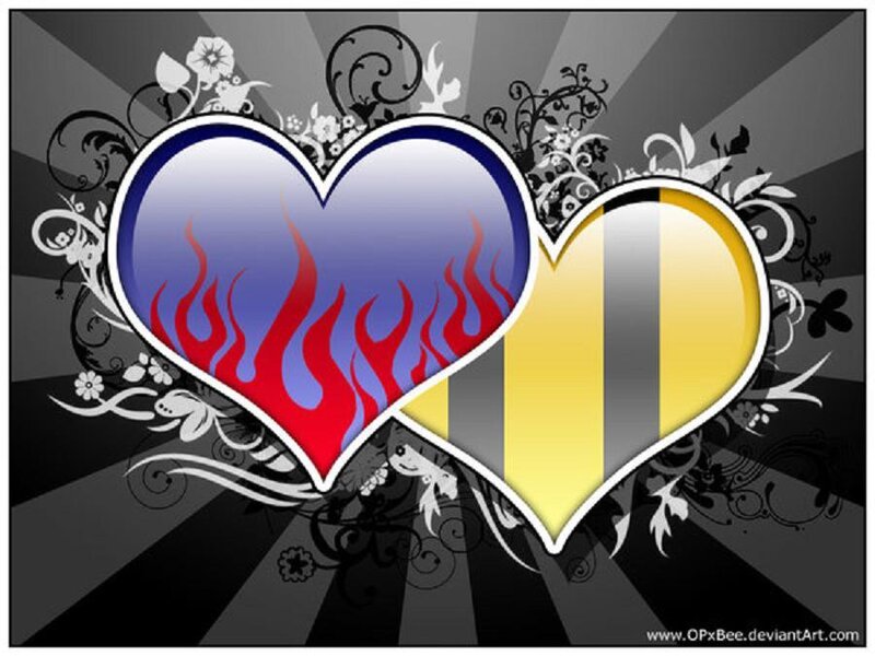 Two hearts with flame and stripes