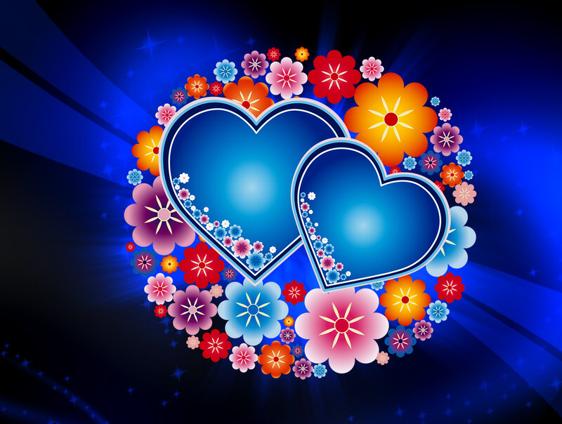 Two Hearts with Flowers — Blue, Romantic