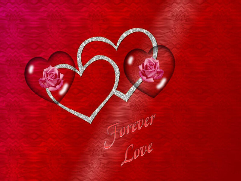 Two Hearts with Roses — Red, Romantic, Digital Art, Text