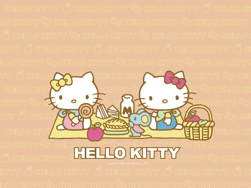 Two Hello Kitty Characters — Pink, Cheerful, Illustration, Picnic Basket