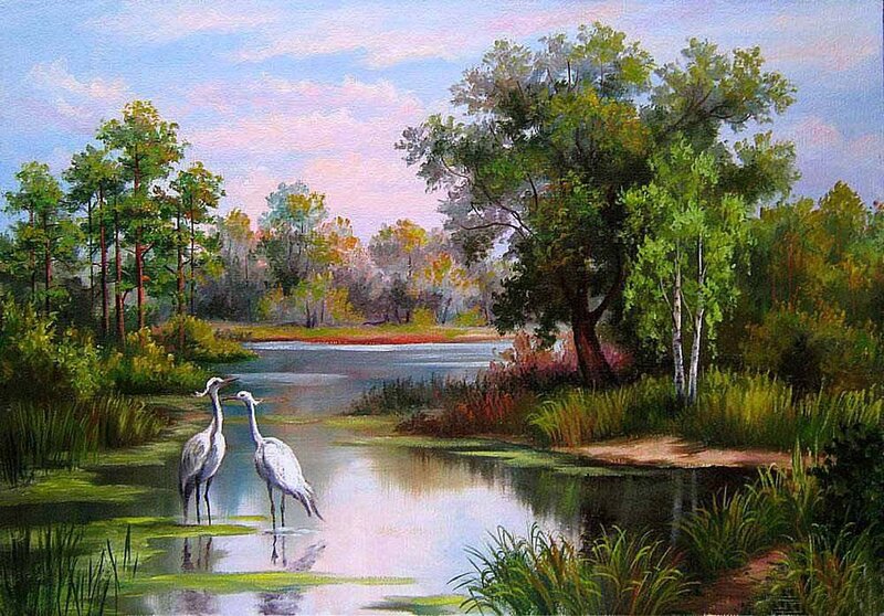 Two Herons in Pond
