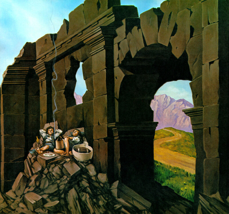 Two hobbits in ruins