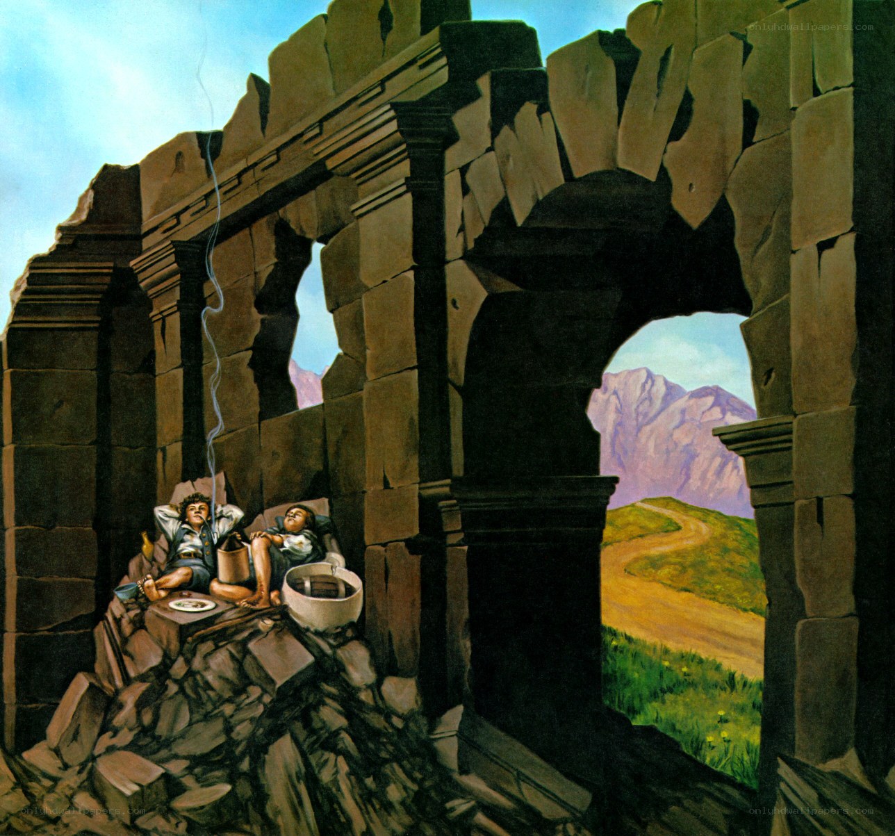 Two hobbits in ruins