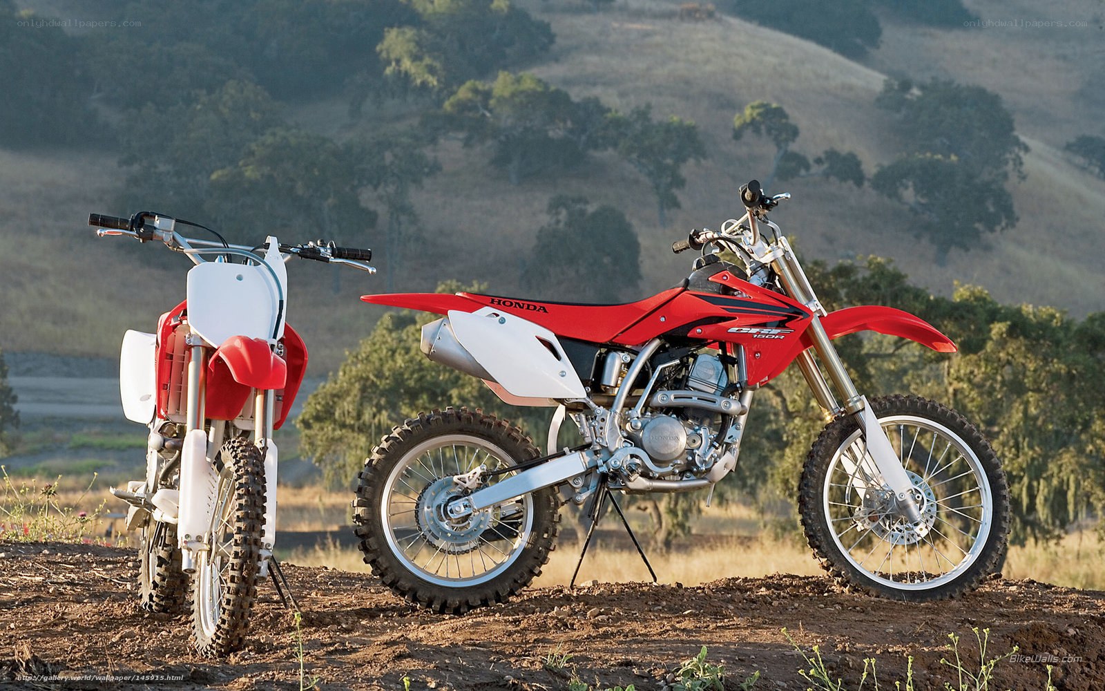 Two Honda dirt bikes on a hill